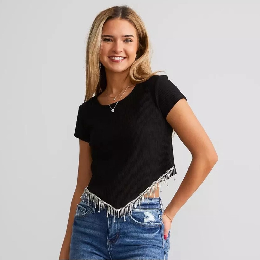 NWOT Blue B Rhinestone Fringe Black Cropped Top